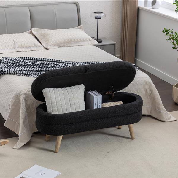 036-Boucle Fabric Storage Bench Bedroom Bench With Wood Legs For Living Room Bedroom Indoor,Black