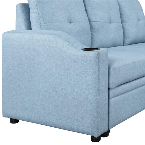 80.3". Pull Out Sofa Bed Modern Padded Upholstered Sofa Bed , Linen Fabric 3 Seater Couch with Storage Chaise and Cup Holder , Small Couch for Small Spaces