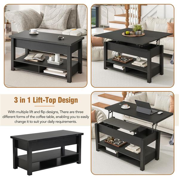 [VIDEO provided] Lift Top Coffee Table, Multi-Functional Coffee Table with Open Shelves, Modern Lift Tabletop Dining Table for Living Room, Home Office, Black