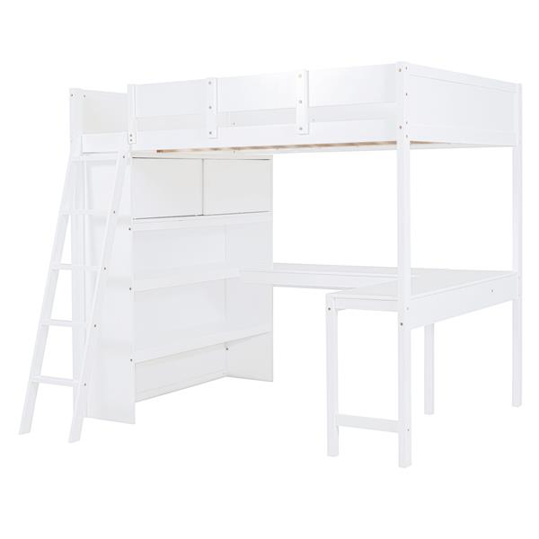 Full Size Loft Bed with Desk and Shelf - White