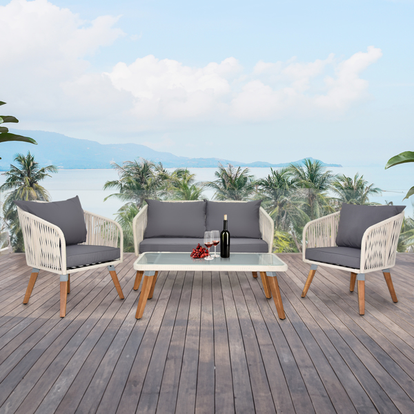 4 Piece Patio Furniture Set, Outdoor Acacia Wood Conversation Set, All-Weather Rope Sofa Set with Coffee Table, Loveseat, Modern Deep Seating Set for Lawn Balcony Poolside, White Rope & Grey Cushion