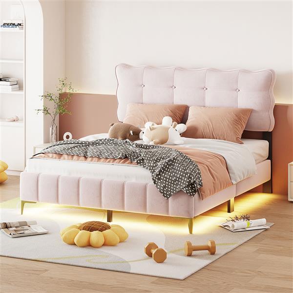 Queen Size Velvet Platform Bed with LED Frame and Stylish Mental Bed Legs, Pink