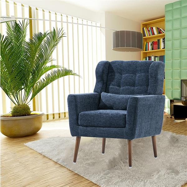 Modern Chair,Chenille Arm Chairs for Living Room,Upholstered Mordern Armchair,Comfy Soft Padded Lounge Chair in Small Space, Bedroom, w/Pillow, Solid Wood Leg (Dark Blue)