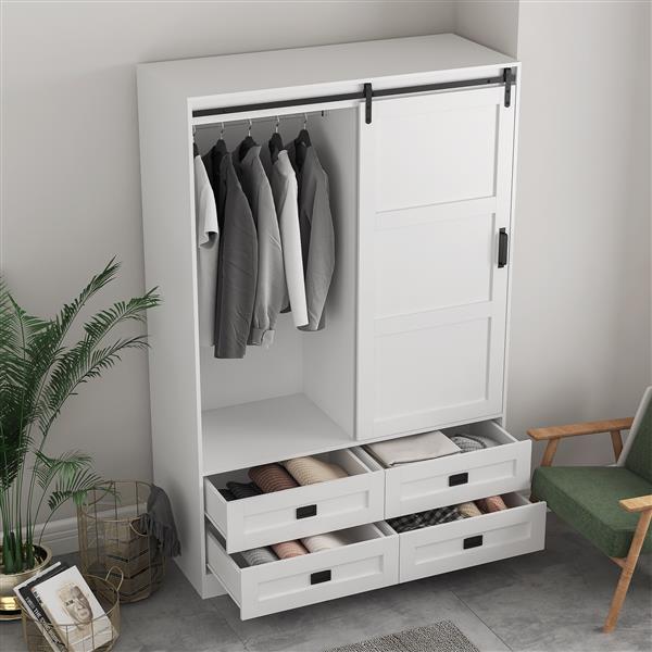 Tall Bedroom Armoire Wardrobe Closet Clothing Storage Cabinet with Hanging Rod Barn Door Drawers Open Shelves