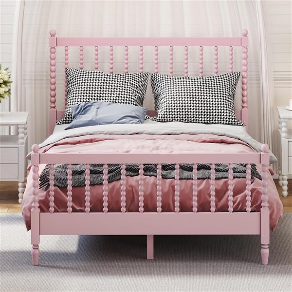 Full Size Wood Platform Bed with Gourd Shaped Headboard and Footboard, Pink