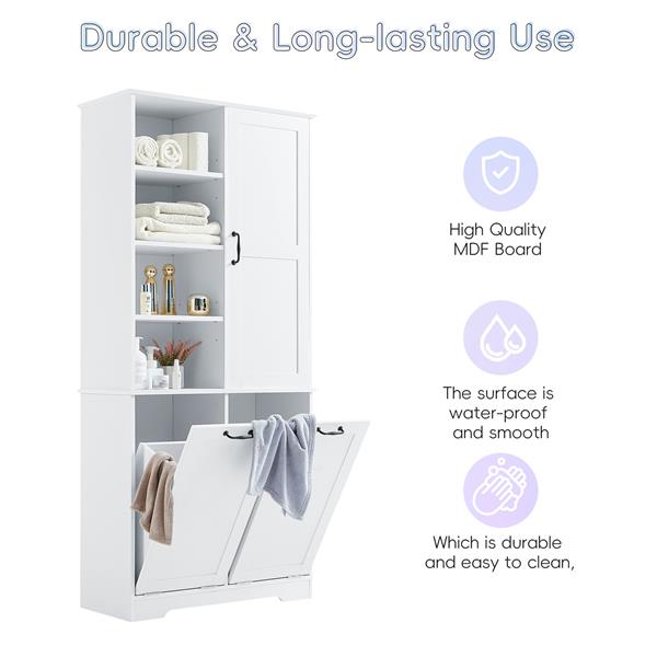 Bathroom Storage Cabinet with Doors and Drawers, Tilt-Out Laundry Hamper, Multiple Storage Space, Freestanding Style, Open Shelve, Adjustable Shelf, White