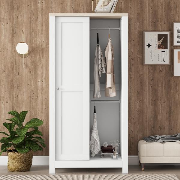 Bedroom Storage Wardrobe with Hanging Rods and 2 Drawers and Open Shelves,Sliding Door,White