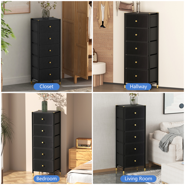 Drawer Dresser cabinet, Tall Dresser with 5 PU Leather Front Drawers, Storage Tower with Fabric Bins, Double Dresser, Chest of Drawers for Closet, Living Room, Hallway, Children's Room, color:Black