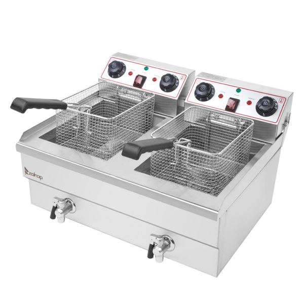 【Replace the old encoding 30593745】EH102V 16.9QT / 16L Total Capacity 24.9QT/23.6L Stainless Steel Faucet Double Tank Deep Fryer 3400W MAX (8L 8L Big Blue/Large Handle) 