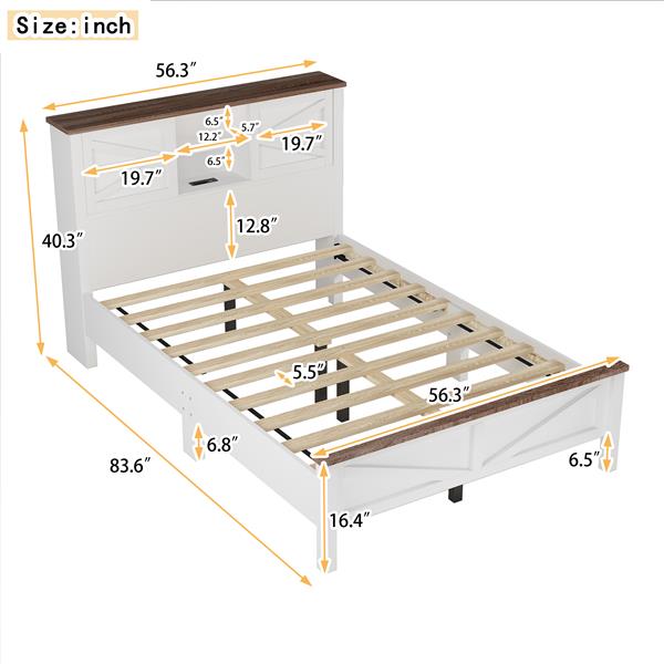 Farmhouse Platform Bed with Double Sliding Barn Door, Full Size Rustic Wood Bed with
Charging Station, Wood Slats Support, White+Brown