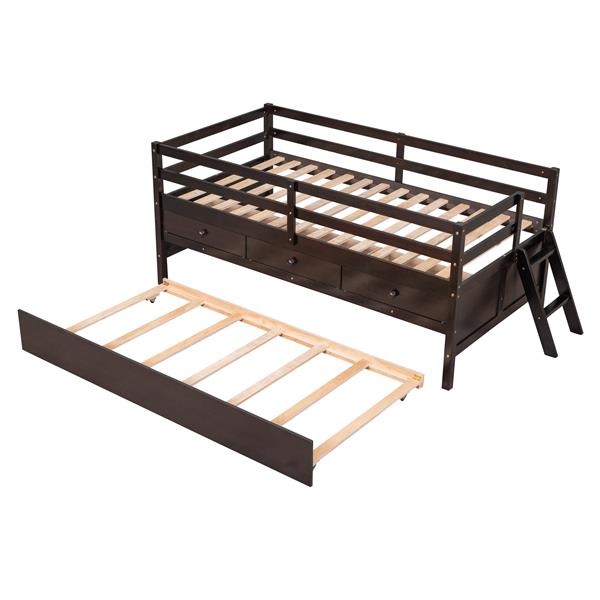 Low Loft Bed Twin Size with Full Safety Fence, Climbing ladder, Storage Drawers and Trundle Espresso Solid Wood Bed