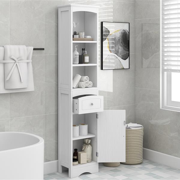 Tall Bathroom Cabinet, Freestanding Storage Cabinet with Drawer, MDF Board, Adjustable Shelf, White