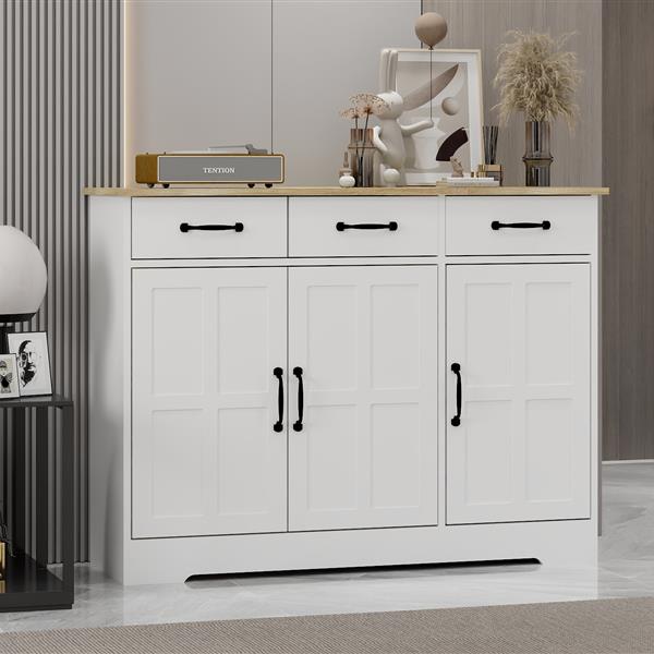 Farmhouse Buffet Cabinet Storage Sideboard with 3 Drawers and 3 Doors for Dining Living Room Kitchen Cupboard-White