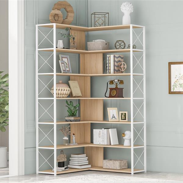 7-Tier Bookcase Home Office Bookshelf,  L-Shaped Corner Bookcase with Metal Frame, Industrial Style Shelf with Open Storage, MDF Board