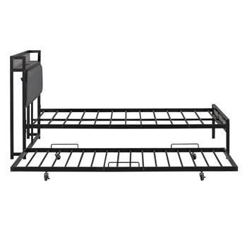 Full Size Metal Platform Bed Frame with Twin size trundle, Upholstered headboard, Sockets, USB Ports and Slat Support, No Box Spring Needed, Black