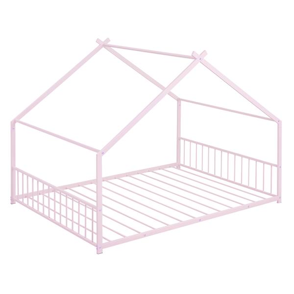 Full Size Metal House Bed, Pink