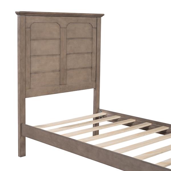 Farmhouse Wooden Platform Twin Size Bed with Panel Design Headboard and Footboard for Teenager, Ash Brown