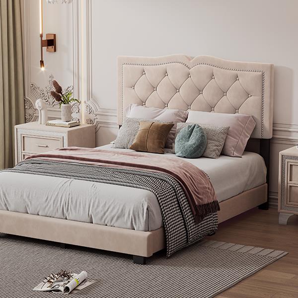 Full Size Upholstered Bed Frame with Rivet Design, Modern Velvet Platform Bed with Tufted Headboard,Beige