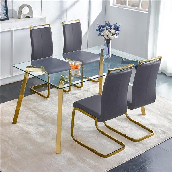 Modern minimalist style rectangular glass dining table with tempered glass tabletop and golden metal legs, suitable for kitchen, dining room, and living room, 63 inches * 35.4 inches * 30 inches