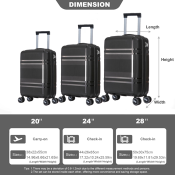 3 Piece Luggage Sets PP Lightweight Suitcase with Two Hooks, Spinner Wheels, (20/24/28) BLACK