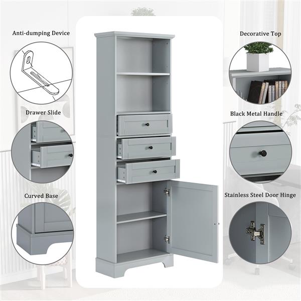 Grey Tall Storage Cabinet with 3 Drawers and Adjustable Shelves for Bathroom, Kitchen and Living Room, MDF Board with Painted Finish