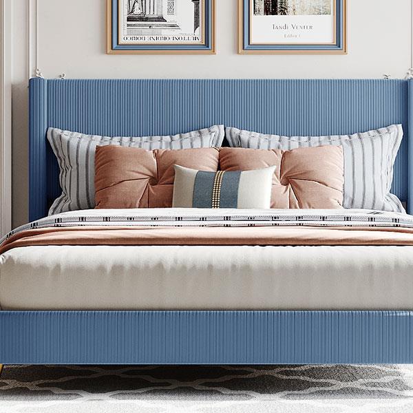 Queen Size Corduroy Platform Bed with Metal Legs, Blue