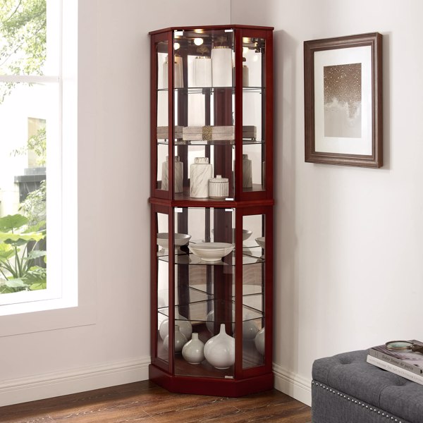 6 Shelf Corner Curio Display Cabinet with Lights, Mirrors and Adjustable Shelves, Cherry(E26 light bulb not included) 