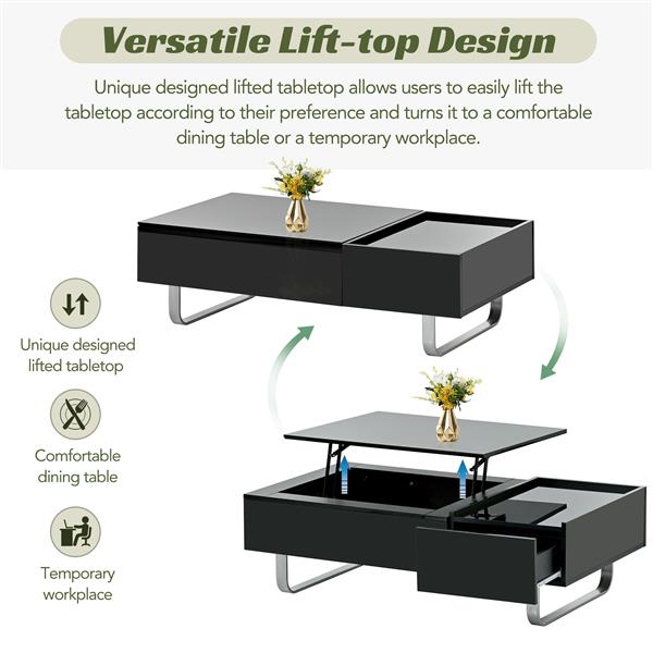 [VIDEO provided] Multi-functional Coffee Table with Lifted Tabletop, Contemporary Cocktail Table with Metal Frame Legs, High-gloss Surface Dining Table for Living Room, Black