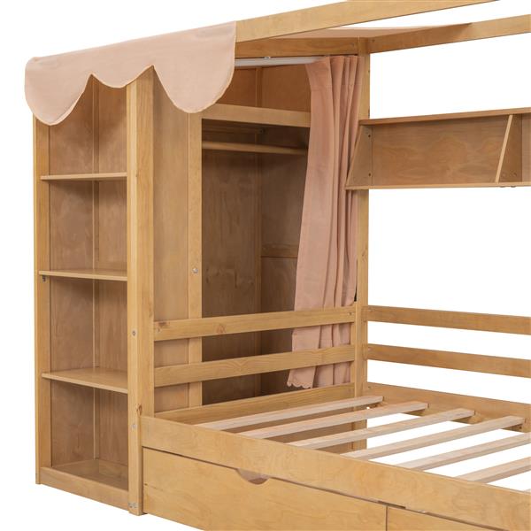 Twin size House Bed with Two Drawers and Wardrobe,Natural