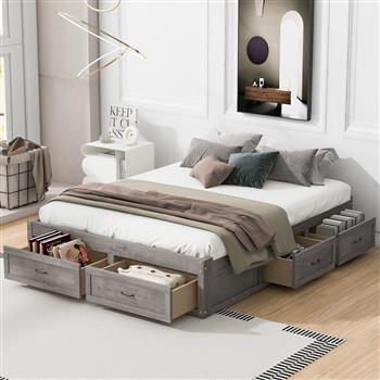 Queen Size Platform Bed with 6 Storage Drawers,Antique Gray