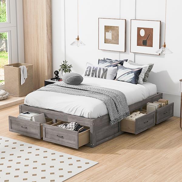 Full Size Platform Bed with 6 Storage Drawers,Antique Gray