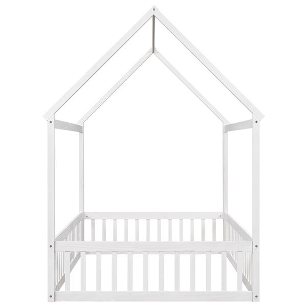 Full Size Wood House Bed with Fence and Door, White Wash