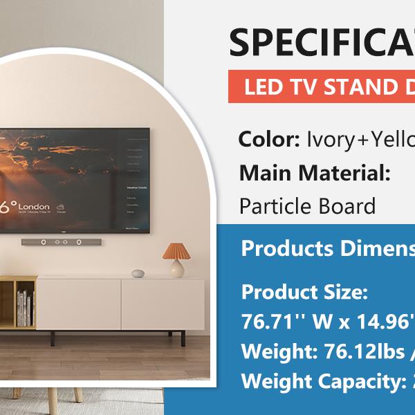 [Video] TV Console with Big Storage Cabinets, Modern TV Stand with Yellow and Ivory Contrasting Colors, Wireless Charging Entertainment Center for Living Room and Bedroom(Ivory, for 80 inches)