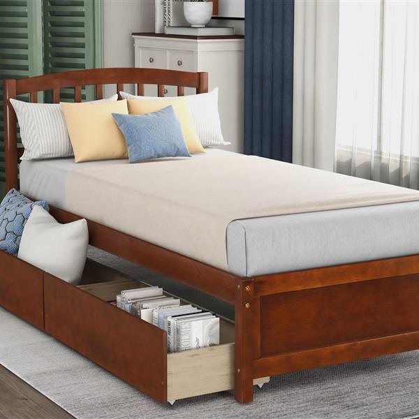 Twin Platform Storage Bed Wood Bed Frame with Two Drawers and Headboard, Walnut