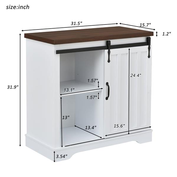 Bathroom Storage Cabinet, Freestanding Cabinet, Sliding Barn Door, Thick Top, Adjustable Shelf, White and Brown