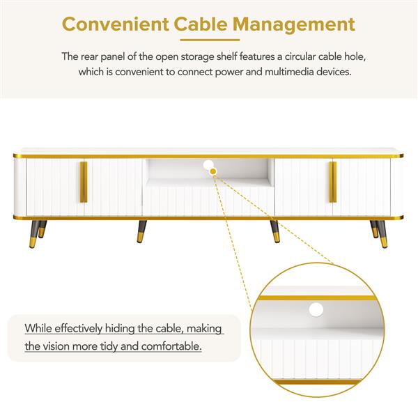 Luxury Minimalism TV Stand with Open Storage Shelf for TVs Up to 85", Entertainment Center with Cabinets and Drawers, Practical Media Console with Unique Legs for Living Room, White