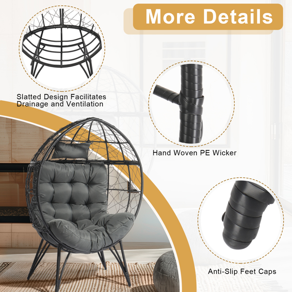 Wicker Egg Chair, Oversized Indoor Outdoor Lounger with Soft Cushions, Teardrop Cuddle Seat for Patio Porch Backyard Living Room Balcony, Black Rattan & Grey Cushion