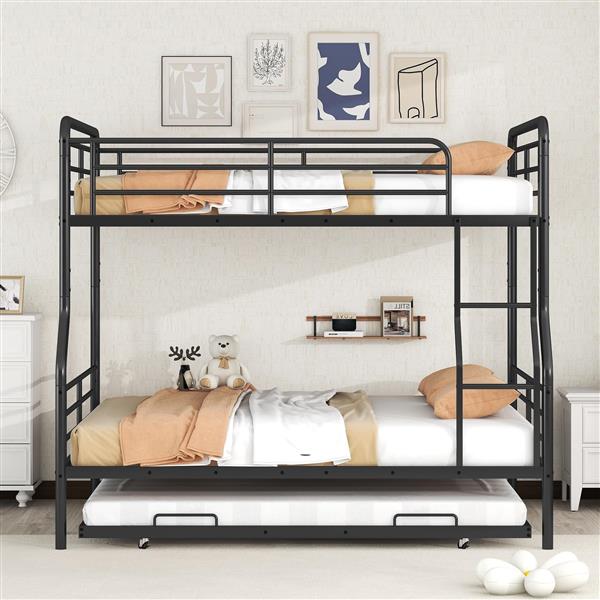 Full XL Over Queen Metal Bunk Bed with Twin Size Trundle, Black