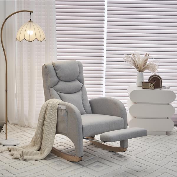 052- Cotton Linen Fabric Nursery Rocking Chair With Adjustable Footrest,Light Gray