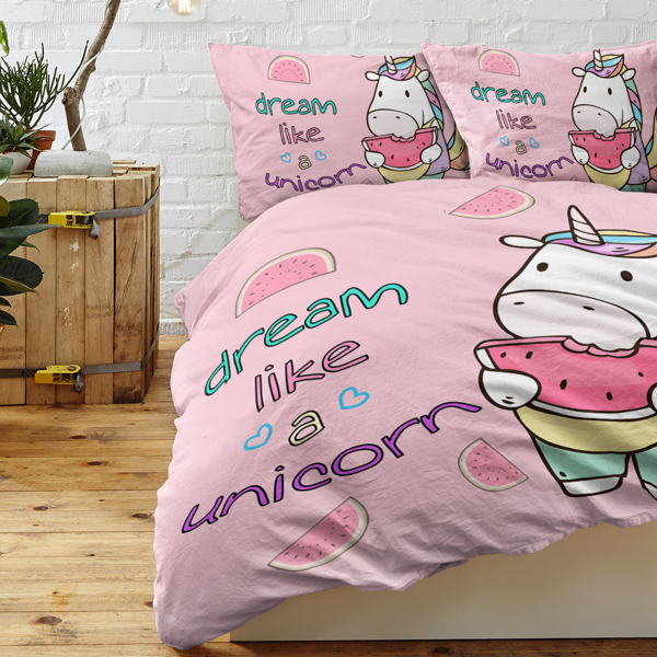 3 Pieces Unicorn Watermelon Duvet Cover Set for Comforter Bedding Queen Size Pink