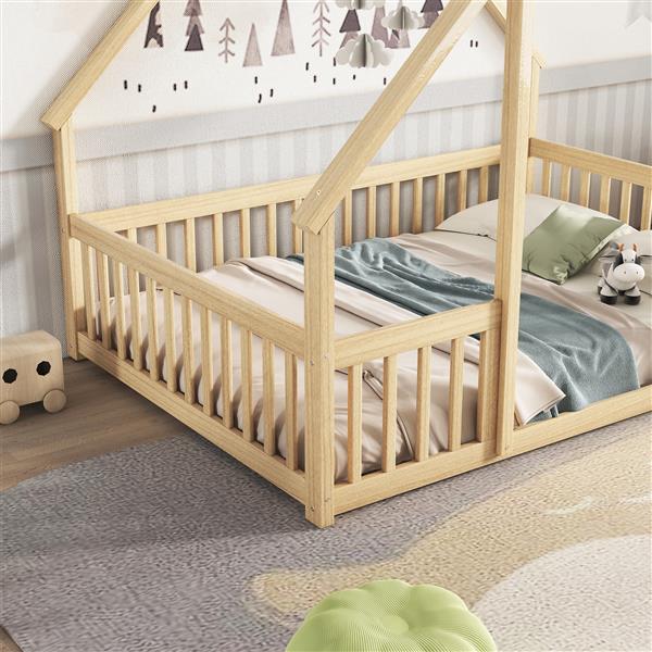 Full Wood House-Shaped Floor Bed with Fence, Guardrails,Natural