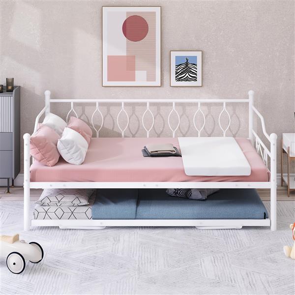 Full Size Metal Daybed with Twin Size Adjustable Trundle, Portable Folding Trundle, White