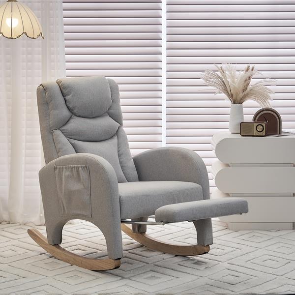 052- Cotton Linen Fabric Nursery Rocking Chair With Adjustable Footrest,Light Gray