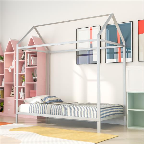 House Bed Frame Twin Size , Kids Bed Frame Metal  Platform Bed  Floor Bed for Kids Boys Girls No Box Spring Needed Silver