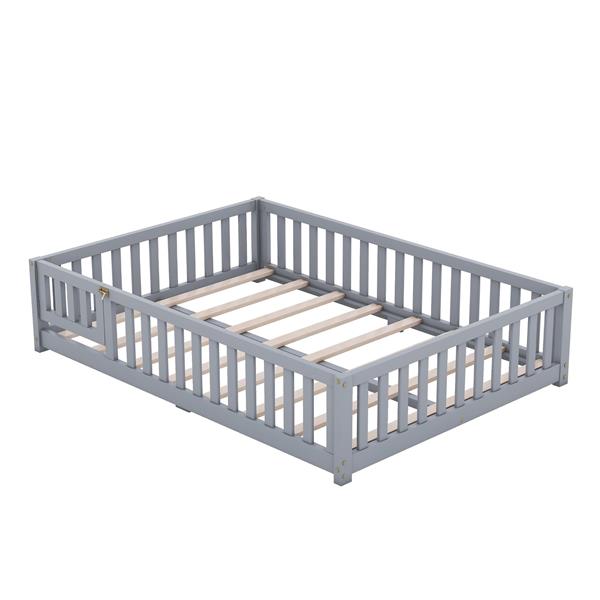 Full Size Bed Floor Bed with Safety Guardrails and Door for Kids, Gray