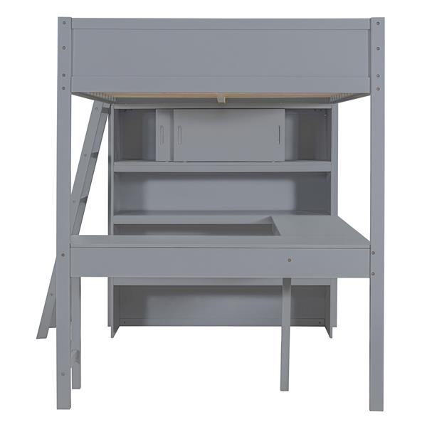 Full Size Loft Bed with Desk and Shelf - Gray