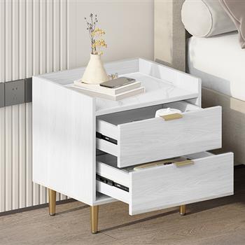 Wooden Nightstand with 2 Drawers and Marbling Worktop, Mordern Wood Bedside Table with Metal Legs&Handles,White