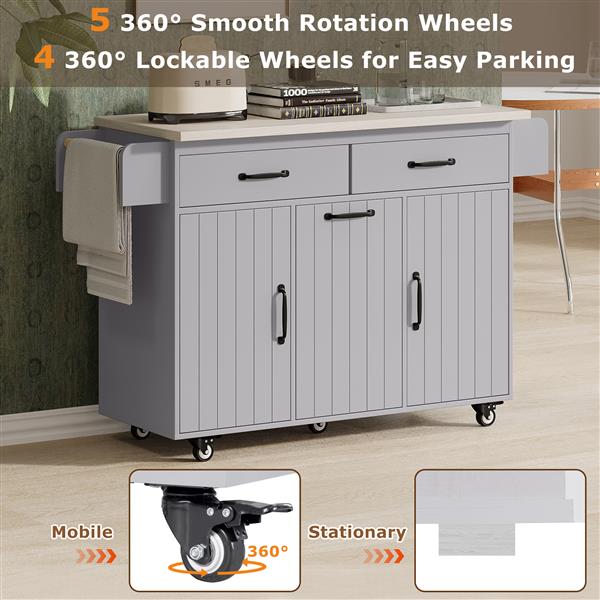 Kitchen Island with Trash Can Storage Cabinet, Kitchen Cart with Drop Leaf, Spice Rack, Towel Rack and Drawer, Rolling Kitchen Island on Wheels with Adjustable Shelf, Grey