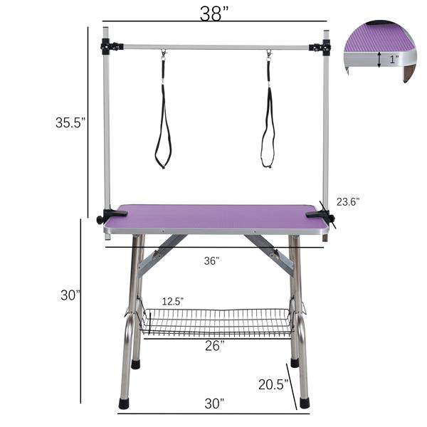 36" Folding Dog Pet Grooming Table Stainless Steel Frame Rubber Mat on Board with Adjustable Arm and Clamps pet dog Cat Grooming Table (PURPLE COLOR)