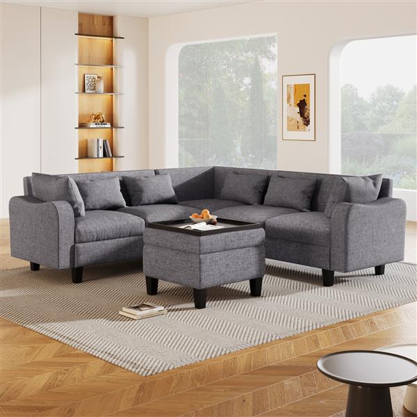 [New]87" Modern Sectional Sofa with coffee table,6-Seat Couch Set with Storage Ottoman,Various Combinations,L-Shape Indoor Furniture with Unique Armrests for Living Room,Apartment, 2 Colors(6 pillows)